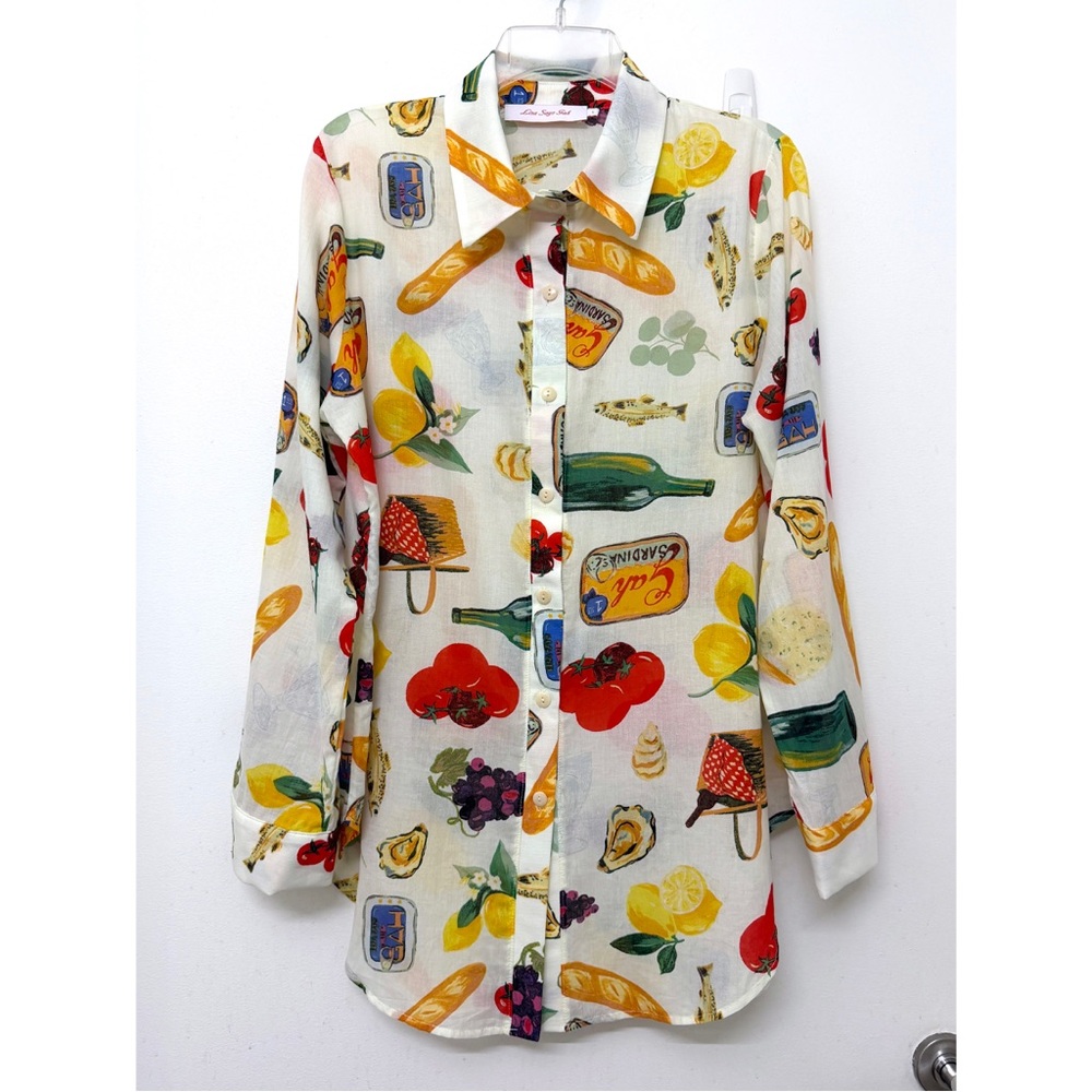 NWT Lisa Says Gah Tessa Food Print Button Down Shirt Top Italian Summer Ivory L - Picture 2 of 10